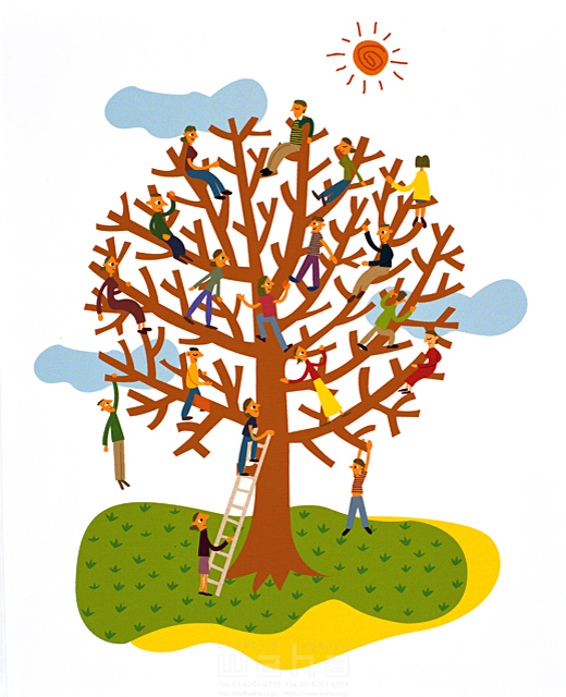 イラスト＆写真のストックフォトwaha（ワーハ）　集団、複数、群衆、賑やか、ほのぼの、屋外、遊ぶ、信頼、コミュニケーション、開放感、公園、芝生、草原、広場、自然、樹木、植物、育む、守る、成長、木登り、登る　中村 ひでのり　11-1292c