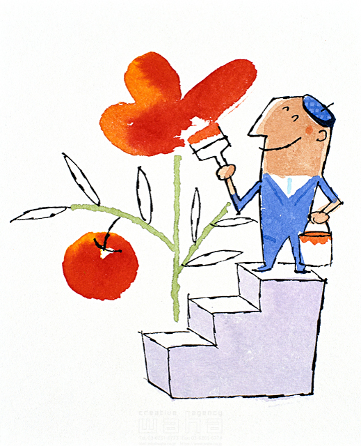 人物 男性 ペンキ 塗る ハケ 絵画 絵を描く 階段 上がる 自然 植物 花 咲く 果実 実る りんご 環境保護 育む 守る 成長 ほのぼの 愛情 イラスト作品紹介 イラスト 写真のストックフォトwaha ワーハ カンプデータは無料