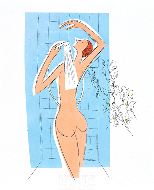 イラスト＆写真のストックフォトwaha（ワーハ）　人物、女性、ヘルシー、ビューティ、リラックス、バスルーム、シャワー、リラクゼーション、癒し、洗う、浴びる、裸、背中、後ろ姿　小沢和夫イラスト工房　11-1522b