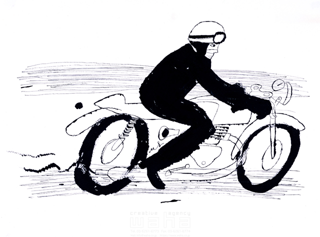 イラスト＆写真のストックフォトwaha（ワーハ）　人物、バイク、モノクローム、男性、屋外、ツーリング、乗り物、運転、スタート、前進、目指す、スピード感、軽快、ヘルメット、走る、道路、暴走　早乙女 道春　11-1583b