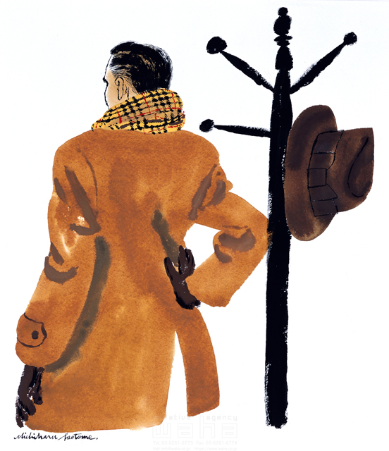 人物 人物イメージ 男性 シニア 熟年 屋外 ダンディー コート マフラー 帽子 手袋 ポールスタンド コート掛け 背中 後ろ姿 身支度 イラスト作品紹介 イラスト 写真のストックフォトwaha ワーハ カンプデータは無料