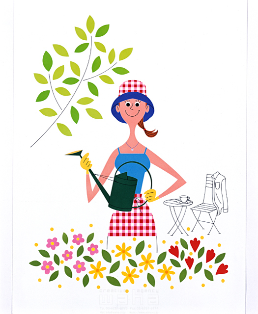 イラスト＆写真のストックフォトwaha（ワーハ）　人物、女性、ガーデンライフ、咲く、満開、花、植物、花壇、育てる、水やり、じょうろ、帽子、エプロン　SUNNY　11-1706c