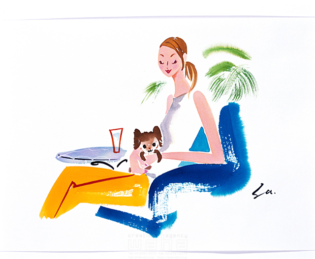 イラスト＆写真のストックフォトwaha（ワーハ）　ツグヲホン多、人物、女性、リビング、ペット、リラックス、休憩、座る、椅子、テーブル、抱く、スキンシップ、水彩　ツグヲ・ホン多　11-1739c