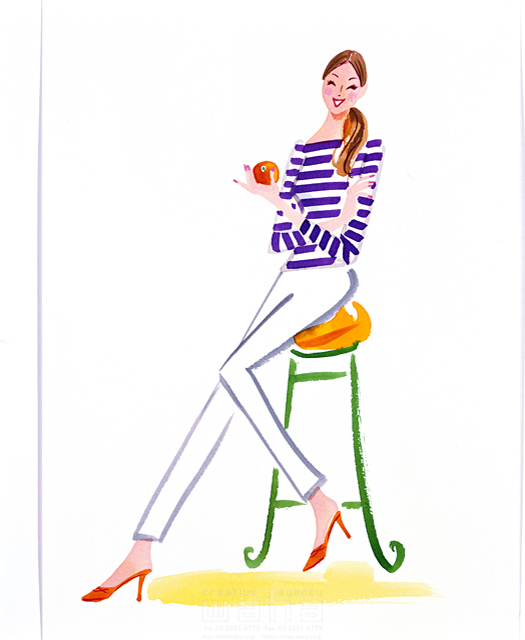 イラスト＆写真のストックフォトwaha（ワーハ）　ツグヲホン多、人物、女性、リラックス、休憩、座る、椅子、食べ物、果物、オレンジ、笑顔、水彩　ツグヲ・ホン多　11-1746b