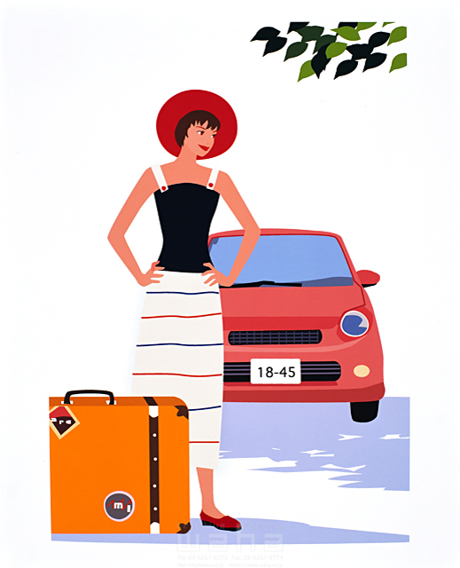 イラスト＆写真のストックフォトwaha（ワーハ）　人物、女性、屋外、乗り物、自動車、スーツケース、帽子、待ち合わせ、街、ストリート　海野 富子　11-1773c