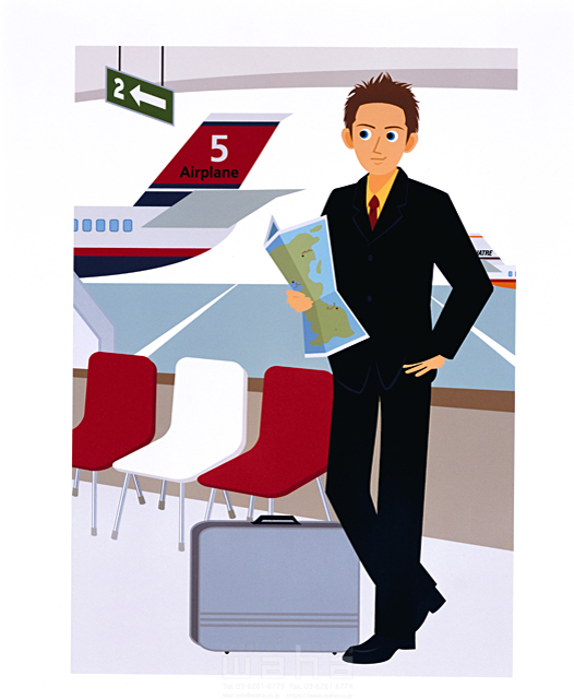 イラスト＆写真のストックフォトwaha（ワーハ）　人物、男性、ビジネス、屋外、スーツケース、空港、旅立ち、スタート、地図、調べる、乗り物、飛行機、スーツ、ネクタイ、営業、出発ロビー　両口 実加　11-1834c