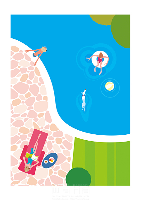 イラスト＆写真のストックフォトwaha（ワーハ）　人物、ガーデンライフ、家族、親子、3人、母、子供、男の子、女の子、娘、息子、ペット、犬、リラックス、遊ぶ、プール、水泳、泳ぐ、浮かぶ、浮き輪、サマーベット、水着、季節、夏、清涼感　Tatsuya　12-0008c
