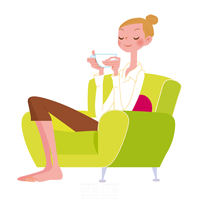 人物 リビング 女性 リラックス 休憩 インテリア 家具 椅子 座る 飲む 飲み物 お茶 イラスト作品紹介 イラスト 写真のストックフォトwaha ワーハ カンプデータは無料