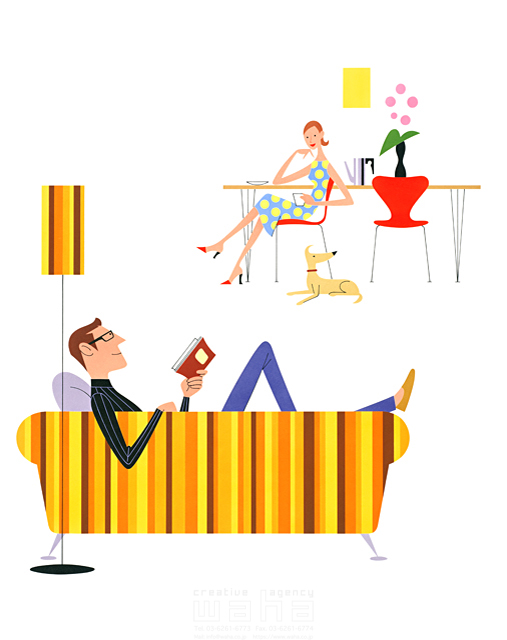 イラスト＆写真のストックフォトwaha（ワーハ）　人物、夫婦、リビング、ペット、2人、リラックス、休憩、座る、椅子、テーブル、本、読む、インテリア、家具　SUNNY　12-0053c