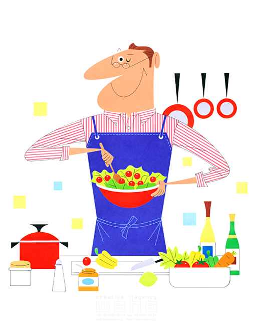 イラスト＆写真のストックフォトwaha（ワーハ）　人物、男性、料理、食材、家事、サラダ、野菜、ボウル、食べ物、調理器具、エプロン、メガネ　SUNNY　12-0110c