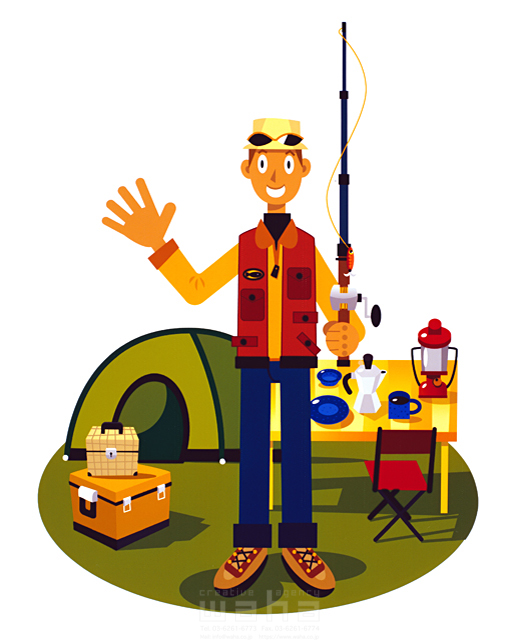 イラスト＆写真のストックフォトwaha（ワーハ）　人物、男性、屋外、アウトドア、釣り、釣り竿、キャンプ、テント、楽しい、開放感、帽子、サングラス　石川 日向　12-0240c