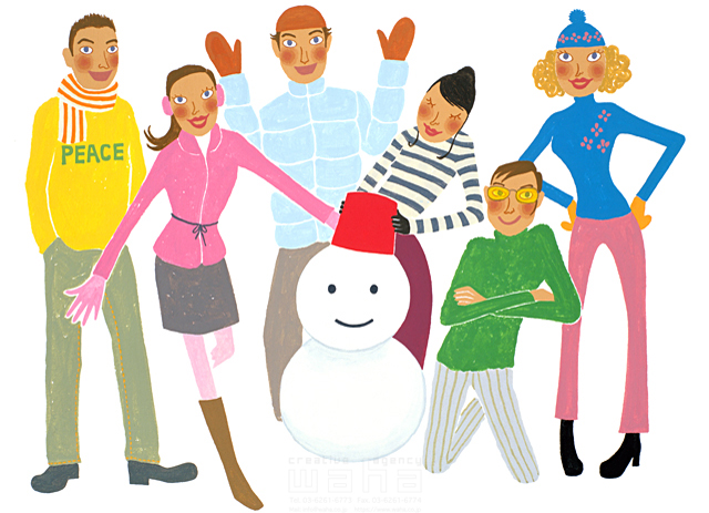 人物 集団 若者 冬 複数 友達 仲間 おしゃれ ファッション アパレル カジュアルファッション サングラス 帽子 手袋 マフラー 屋外 遊ぶ 雪だるま イラスト作品紹介 イラスト 写真のストックフォトwaha ワーハ カンプデータは無料