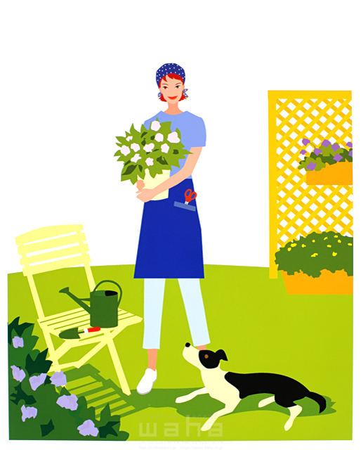 イラスト＆写真のストックフォトwaha（ワーハ）　人物、ガーデンライフ、女性、ペット、花、鉢植え、植物、育てる、じょうろ、エプロン、椅子　海野 富子　12-0464c