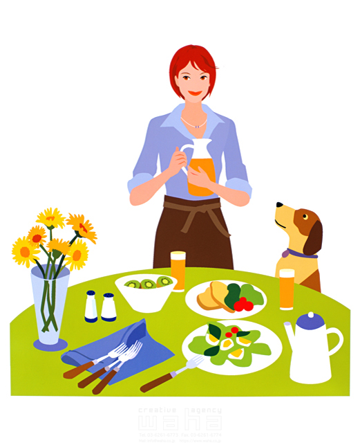 イラスト＆写真のストックフォトwaha（ワーハ）　人物、女性、ペット、奥さん、主婦、家事、エプロン、給仕、テーブルセッティング、料理、食べ物、飲み物、食事、花、花瓶　海野 富子　12-0474c