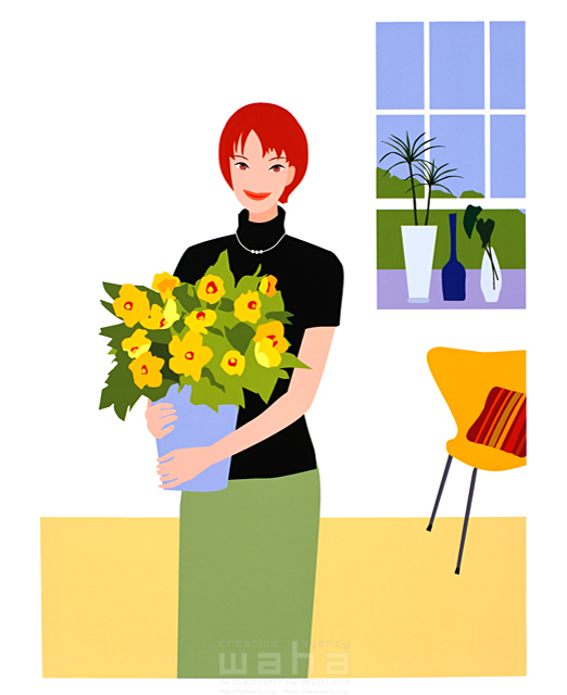 人物 女性 リビング インテリア 花 飾る 鉢植え 椅子 窓 イラスト作品紹介 イラスト 写真の ストックフォトwaha ワーハ カンプデータは無料