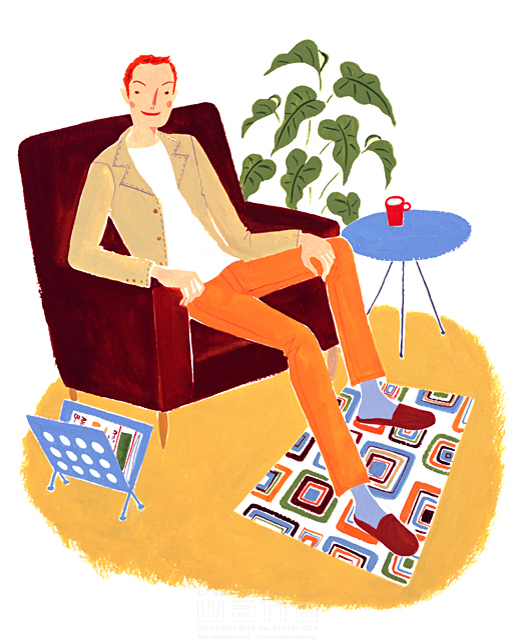 イラスト＆写真のストックフォトwaha（ワーハ）　サトーノリコ、人物、リビング、男性、リラックス、休憩、インテリア、家具、椅子、座る、観葉植物、飲み物、お茶　サトー・ノリコ　12-0484c