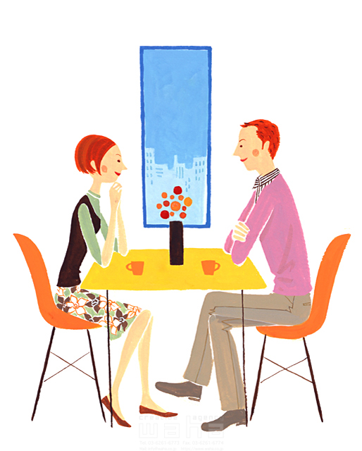 イラスト＆写真のストックフォトwaha（ワーハ）　サトーノリコ、人物、夫婦、2人、リラックス、休憩、インテリア、家具、椅子、座る、テーブル、飲む、飲み物、お茶、窓辺、会話　サトー・ノリコ　12-0485c