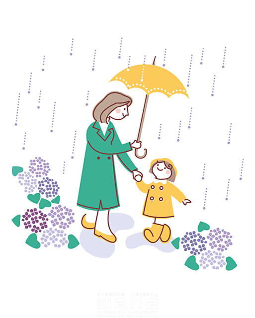 人物 家族 親子 2人 母 子供 娘 女の子 スキンシップ 手をつなぐ 雨 梅雨 傘 屋外 散歩 歩く あじさい ほのぼの 幸せ イラスト作品紹介 イラスト 写真のストックフォトwaha ワーハ カンプデータは無料