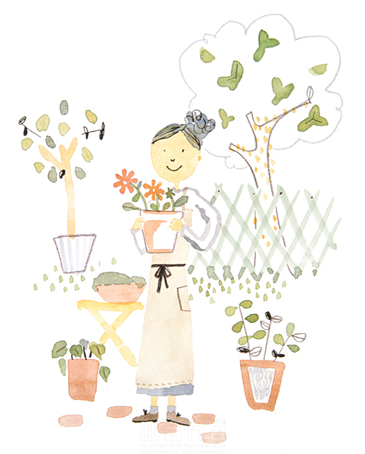 そねけーこ 人物 女性 ガーデンライフ ほのぼの 花 鉢植え 植物 育てる エプロン 樹木 植木 イラスト作品紹介 イラスト 写真のストックフォトwaha ワーハ カンプデータは無料