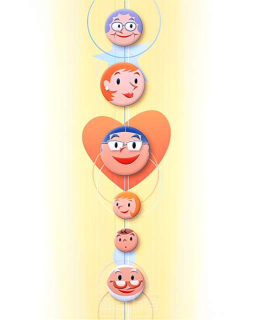 イラスト＆写真のストックフォトwaha（ワーハ）　人、人々、複数、家族、女性、男性、大人、お父さん、お母さん、親子、子供、男の子、女の子、小学生、シニア、おじいさん、おばあさん、三世代、楽しい、賑やか、明るい、笑顔、顔、ハート、愛情、絆　片栗 カズオ　12-0793b