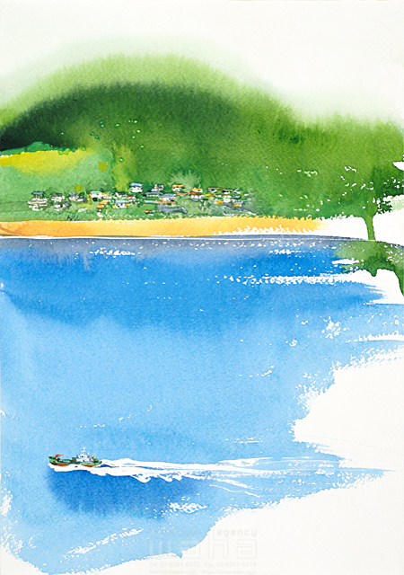 イラスト＆写真のストックフォトwaha（ワーハ）　自然、風景、ほのぼの、開放感、海岸、漁船、清涼感、静か、情緒、風情、日本、山口県、下関、水彩　金 斗鉉　12-1167c