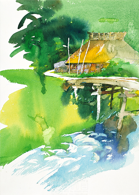 イラスト＆写真のストックフォトwaha（ワーハ）　自然、風景、ほのぼの、農村、農家、田舎、古民家、茅葺き屋根、川、流れる、水流、清涼感、橋、静か、情緒、風情、日本、水彩　金 斗鉉　12-1168c