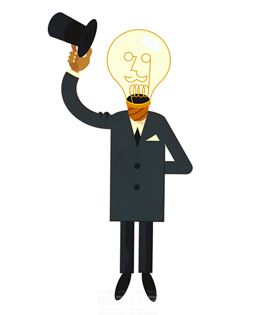 人物 人物イメージ 男性 スーツ シルクハット 紳士 挨拶 電球 電気 光る ひらめく ピンと来る アイデア 明るい 照らす 発見 イラスト作品紹介 イラスト 写真のストックフォトwaha ワーハ カンプデータは無料