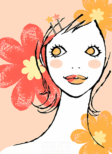 イラスト＆写真のストックフォトwaha（ワーハ）　若者、女性、ファッション、おしゃれ、花柄、花模様、キュート、髪飾り　スギザキ メグミ　13-0065b
