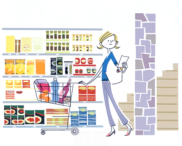 イラスト＆写真のストックフォトwaha（ワーハ）　女性、ショッピング、屋外、ショッピングカート、探す、食料品売場、スーパーマーケット　飯山 和哉　13-0073c