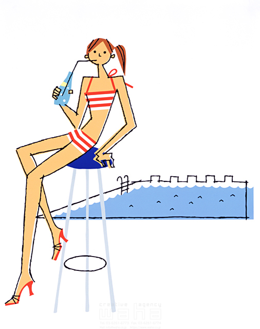 イラスト＆写真のストックフォトwaha（ワーハ）　夏、女性、屋外、プールサイド、椅子、スツール、飲む、飲み物、水着、水泳　三丘 はじめ　13-0183b