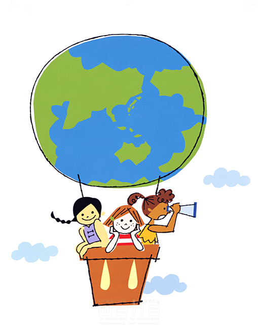 地球 世界 日本 子供 3人 女の子 友達 仲間 元気 健康 気球 浮かぶ スタート 旅立ち 世界旅行 空 望遠鏡 覗く 眺める 飛ぶ イラスト作品紹介 イラスト 写真のストックフォトwaha ワーハ カンプデータは無料