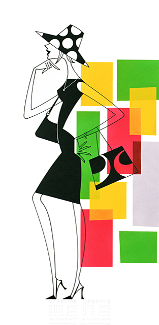 イラスト＆写真のストックフォトwaha（ワーハ）　女性、ショッピング、ファッション、おしゃれ、アパレル、屋外、エレガンス、ワンピース、ドレス、帽子、頬杖をつく　SUNNY　13-0194b