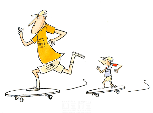 スポーツ 家族 親子 2人 父 子供 息子 男の子 屋外 遊ぶ スケートボード 滑る 軽快 元気 健康 競走 線画 イラスト作品紹介 イラスト 写真のストックフォトwaha ワーハ カンプデータは無料