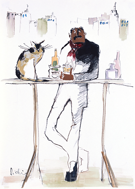 イラスト＆写真のストックフォトwaha（ワーハ）　人物、男性、リラックス、飲む、飲み物、お酒、グラス、カウンターバー、猫、ダンディー、クール　SOICHI　13-0296c