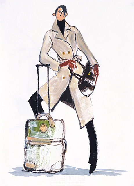 イラスト＆写真のストックフォトwaha（ワーハ）　女性、屋外、スーツケース、コート、スタート、旅立ち　SOICHI　13-0298c