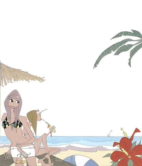 夏 若者 女性 2人 屋外 南の島 リゾート 海水浴場 砂浜 水着 リラックス 開放感 ハイビスカス イラスト作品紹介 イラスト 写真のストックフォトwaha ワーハ
