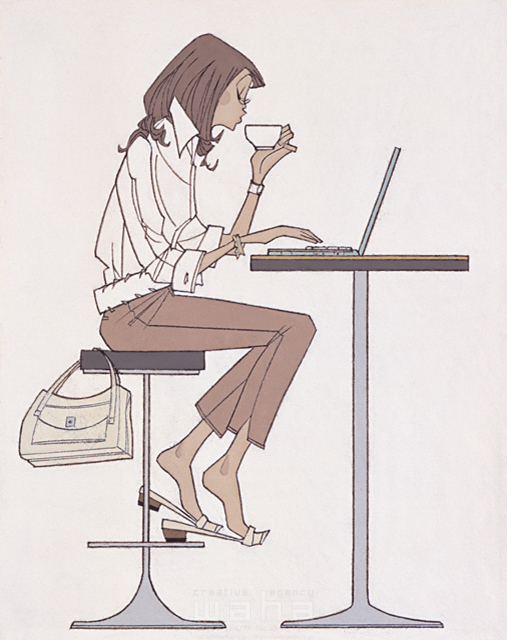 イラスト＆写真のストックフォトwaha（ワーハ）　女性、ビジネス、IT、パソコン、ITライフ、リラックス、休憩、飲む、飲み物、お茶、ノートパソコン、情報処理、テーブル、椅子、スツール、カフェ、喫茶店　竹野 浩之　14-0028c