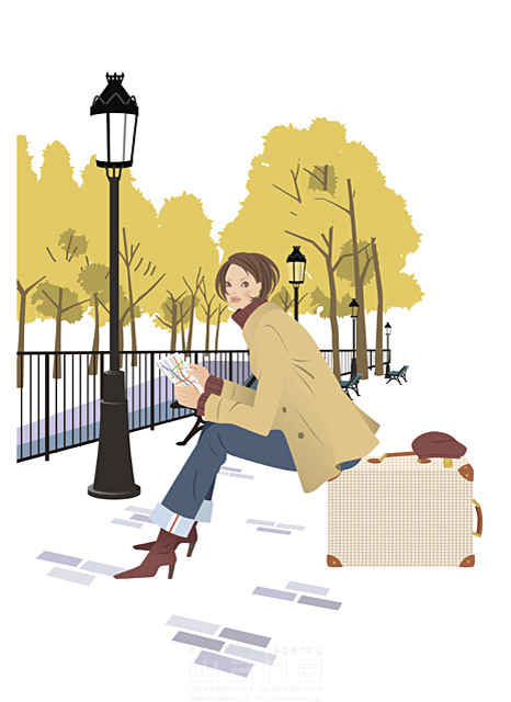 イラスト＆写真のストックフォトwaha（ワーハ）　女性、スーツケース、旅行鞄、地図、マップ、調べる、探す、街灯、一人旅、屋外　牧 康代　14-0032c