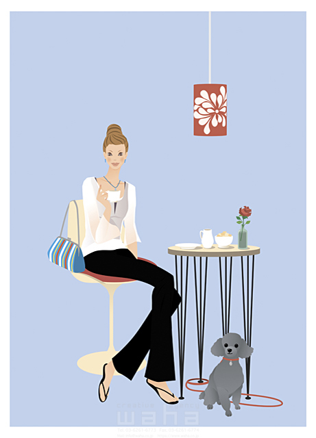 イラスト＆写真のストックフォトwaha（ワーハ）　ペット、女性、リラックス、休憩、飲む、飲み物、お茶、コーヒー、テーブル、椅子、屋外　牧 康代　14-0037c