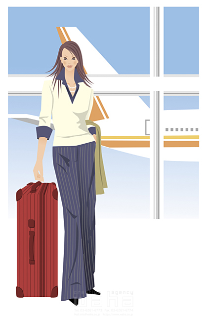 イラスト＆写真のストックフォトwaha（ワーハ）　女性、キャリアウーマン、営業、飛行機、ジャンボ機、ジェット機、旅客機、航空機、乗り物、飛行場、空港、スタート、旅立ち、屋外、海外旅行、スーツケース、旅行鞄　牧 康代　14-0038c
