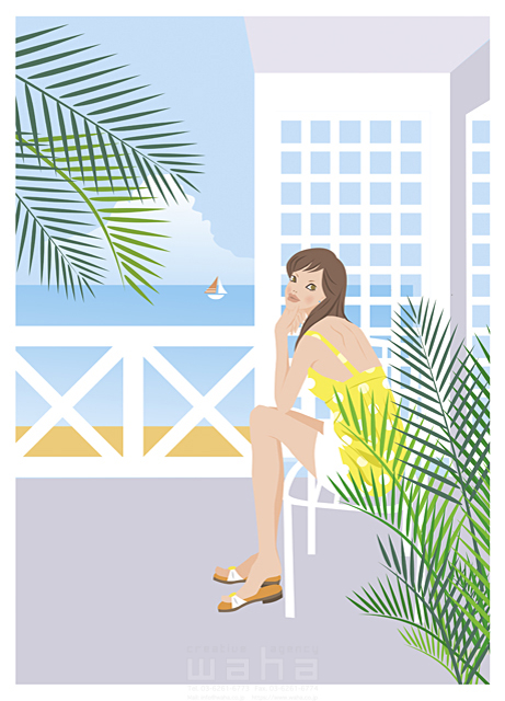 イラスト＆写真のストックフォトwaha（ワーハ）　女性、夏、リラックス、休憩、椅子、頬杖をつく、海岸、海辺、リゾート、マリンリゾート、青空、観葉植物、ホテル、コテージ、テラス、ベランダ、バルコニー　牧 康代　14-0041c