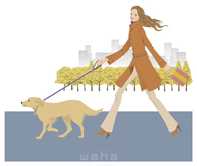 イラスト＆写真のストックフォトwaha（ワーハ）　女性、ペット、屋外、歩く、前進、コート　牧 康代　14-0048c