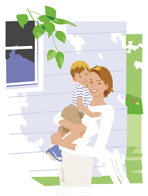 家族 親子 ガーデンライフ 2人 母 子供 息子 男の子 愛情 スキンシップ 抱く 抱き上げる リラックス 遊ぶ 若葉 青葉 葉 子育て イラスト作品紹介 イラスト 写真のストックフォトwaha ワーハ カンプデータは無料