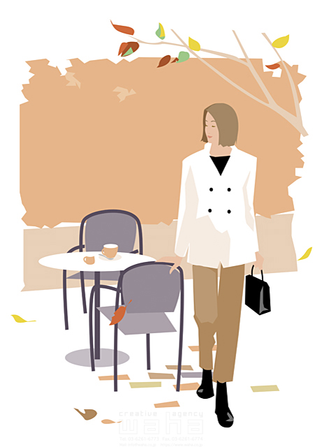 イラスト＆写真のストックフォトwaha（ワーハ）　女性、秋、屋外、落ち葉、枯れ葉、葉、オープンカフェ、椅子、テーブル、お茶、街　都筑 みなみ　14-0069c