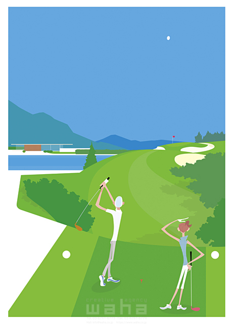 イラスト＆写真のストックフォトwaha（ワーハ）　夫婦、スポーツ、2人、屋外、ゴルフ、ゴルフクラブ、グリーン、芝生、コース、青空、開放感、趣味、レジャー、元気、健康　Tatsuya　14-0141c