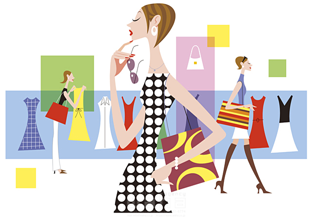 イラスト＆写真のストックフォトwaha（ワーハ）　ショッピング、女性、屋外、探す、迷う、おしゃれ、ファッション、アパレル、服飾小物、装飾品、洋服、ワンピース、ドレス、店、ブティック、ディスプレイ、メガネ、サングラス　SUNNY　14-0190c