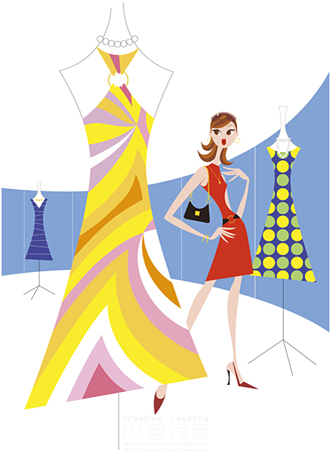 イラスト＆写真のストックフォトwaha（ワーハ）　女性、ショッピング、屋外、探す、迷う、おしゃれ、ファッション、アパレル、服飾小物、装飾品、ワンピース、ドレス、洋服、店、ブティック、ディスプレイ　SUNNY　14-0207c