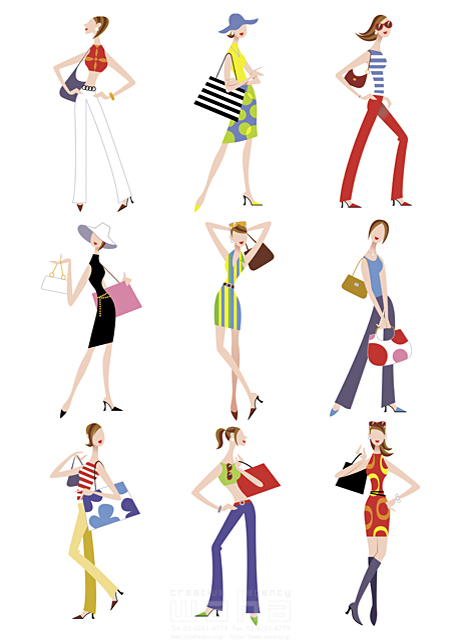 イラスト＆写真のストックフォトwaha（ワーハ）　女性、集団、ショッピング、複数、ポーズ、整列、並ぶ、屋外、服飾小物、装飾品、ワンピース、ドレス、洋服、おしゃれ、ファッション、アパレル、ショッピングバック、紙袋　SUNNY　14-0216c
