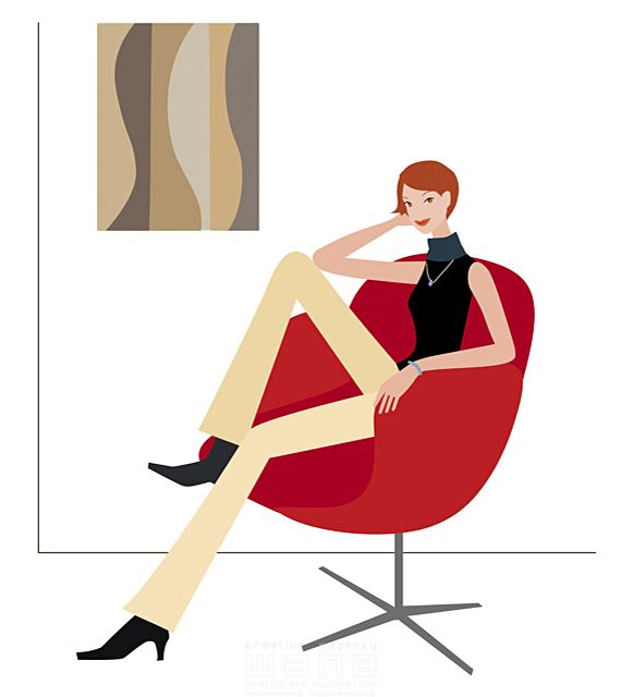 イラスト＆写真のストックフォトwaha（ワーハ）　リビング、女性、リラックス、休憩、座る、腰掛ける、椅子、インテリア、家具、タペストリー　海野 富子　14-0279c
