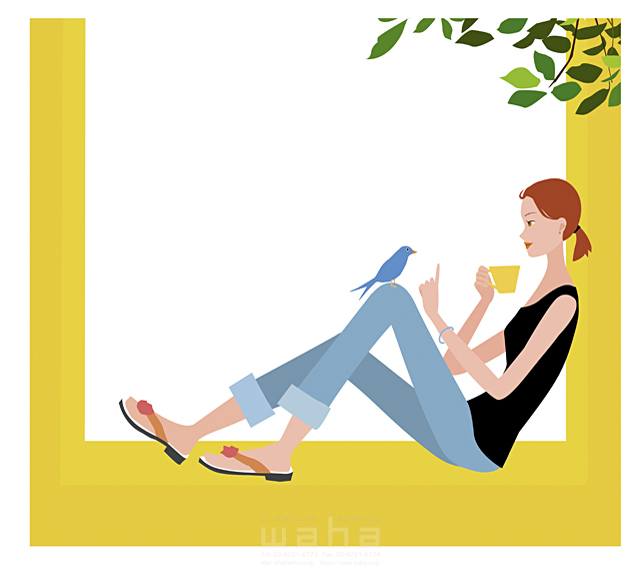 イラスト＆写真のストックフォトwaha（ワーハ）　リビング、ペット、女性、リラックス、休憩、座る、腰掛ける、飲む、飲み物、お茶、青い小鳥、インコ、窓辺　海野 富子　14-0280c